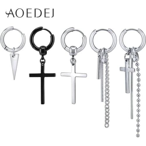 AOEDEJ Stainless Steel Hoop Earrings for Women Men Korean Earrings Long Tassel Black Cross pendiente Small Circle Round Earrings