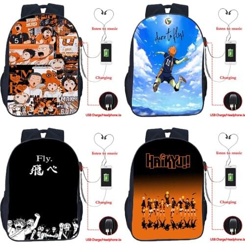 Students Haikyuu!! USB Backpacks for Kids Anime Schoolbags Boys Girls Cartoon Knapsack Children Bookbags Teenagers Travel Bags