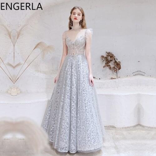 Dubai Evening Dresses 2021 New Arrival Light Gray Silver Sexy Sheer Neck Lace Beaded Beading Crystal Formal Floor Length Gown