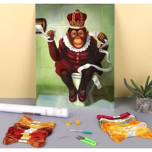 Toilet Monkey Fat Lady Printed Water-Soluble Canvas 11CT Cross-Stitch Kit Embroidery DMC Threads Knitting Promotions