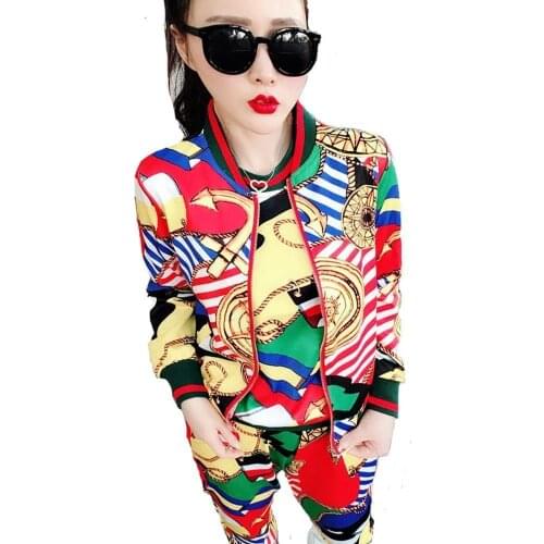 Women High-End Fashion Spring 2021New Sports Slim Fashionable Printed Casual Jacket Printed Casual Jacket Female Three-Piece Tid