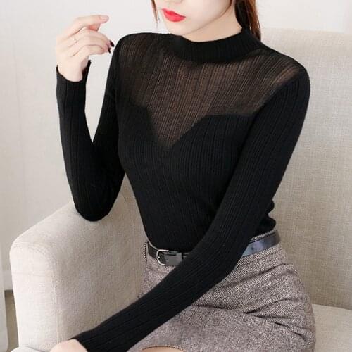 Lady Mesh Lace Splice Turtleneck Sexy Sweaters Women Elegant Long Sleeve Autumn Ribbed Pullovers Hollow Out Winter Jumpers 2020