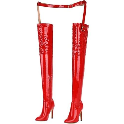 Winter for woman new fashion sexy Pointed toe Elegant clear heels boots red Buckle Stilettos heels Over the knee boots 31-49