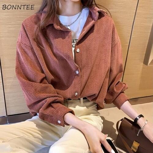 Shirts Women Corduroy Single-breasted Button Solid College Sweet 4 Colors Fashion Spring Autumn Straight All-match Soft Straight