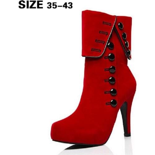 35-43 Explosion style large size European and American suede-breasted high-heeled short boots red womens cotton boots