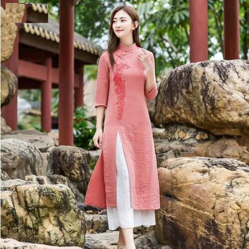 New cotton linen womens long original art loose retro button hand-painted long sleeve Zen tea belly dance folk music stage