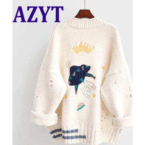 AZYT Women Autumn Winter Knitted Cardigan Cartoon Embroidery Oversize Sweater Coat Harajuku Loose Elegant V Neck Women Cardigans