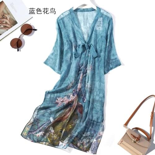 Womens 100% Silk Chinese floral print Long Thin bow-tied Top Kimono Cardigan Shawl Coat Blouse Summer Beach Cover Up JN652