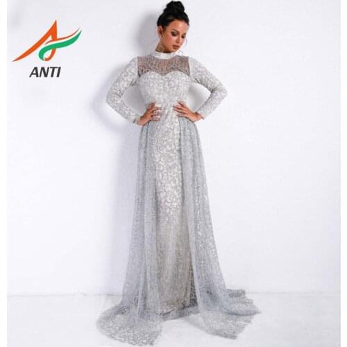 ANTI New Elegant Long Prom Dresses 2019 Mermaid Long Sleeve Sparkly Silver African Two Piece Women Prom Dress Detachable Train