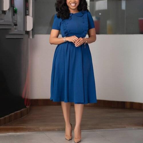 2021 New African Office Dress Women Elegant Blue High Waist Solid A Line Mid Calf Fashion For Business Work Wear Cloth Dress Hot