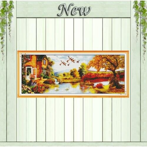 Golden scenery Swan lake and villa painting Counted printed on canvas DMC 14CT 11CT Cross Stitch Needlework kits Embroidery Sets