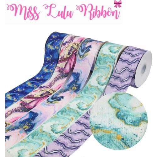 16mm-75mm Marble Series Purple Blue Green Color Printed Grosgrain/Foe Ribbon Geometric DIY Hair Band 50yards/roll