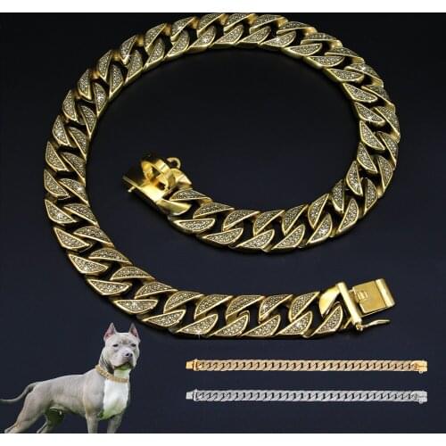19mm Stainless Steel Dog Collar Bully Dogs Chain Collars Necklace Bling Crystal Pet Slip Choke Super Strong With Lock Buckle