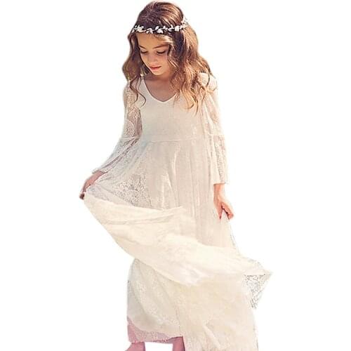 2018 Flower Girl Dresses For Weddings A-line Scoop Long Sleeves Lace Bow Long First Communion Dresses For Little Girls