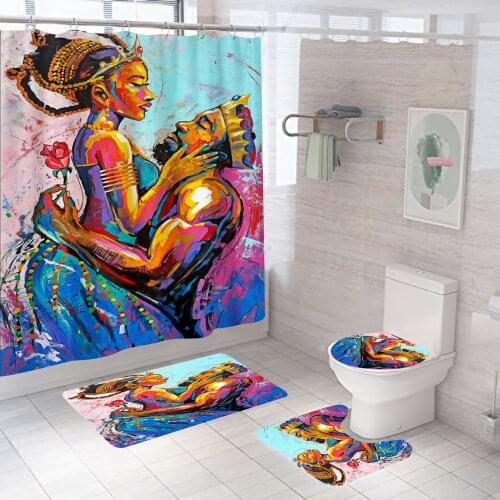 Black African King and Queen Shower Curtain Oil Painting Afro Lover Couple Artwork Polyester Fabric Bath Curtain Bathroom Décor