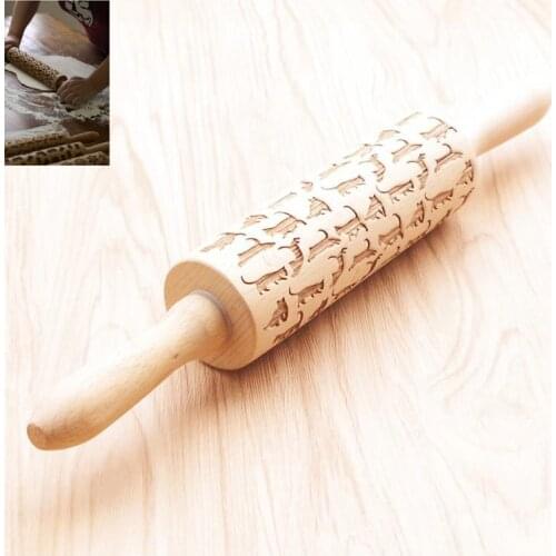 Cat Pattern Wooden Rolling Pin Laser Embossing Baking Cookies Noodle Biscuit Cake Tool H001