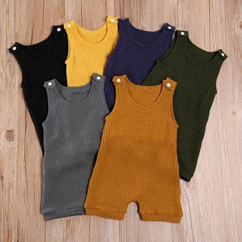 Baby Solid Color Short Romper Sleeveless Round Collar Jumpsuit with Buttons for Summer