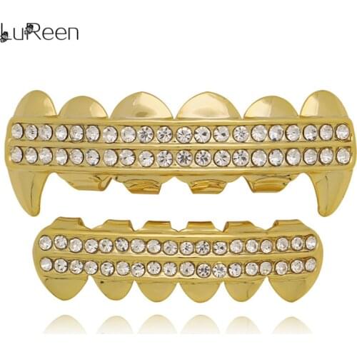 LuReen Hip Hop 2 Rows Crystal Gold Teeth Grillz Top Bottom Bling Silver Color Grills Dental Teeth Caps Vampire Jewelry Gift