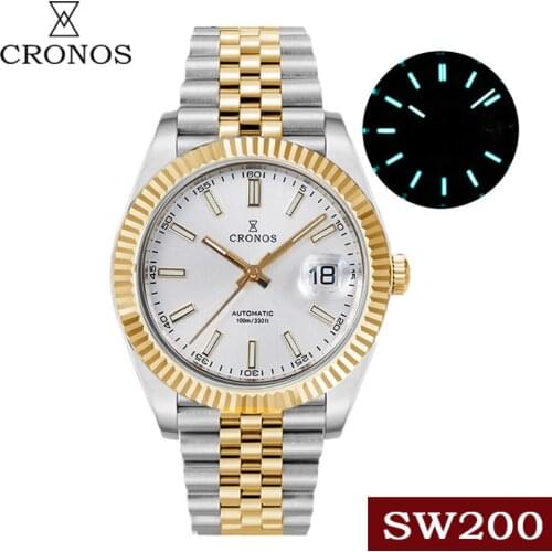 Cronos Punk Automatic Mechanical Mens Watch Sapphire Calendar Luminous WristWatch Stainless Steel SW200 Mechanical Reloj Hombre