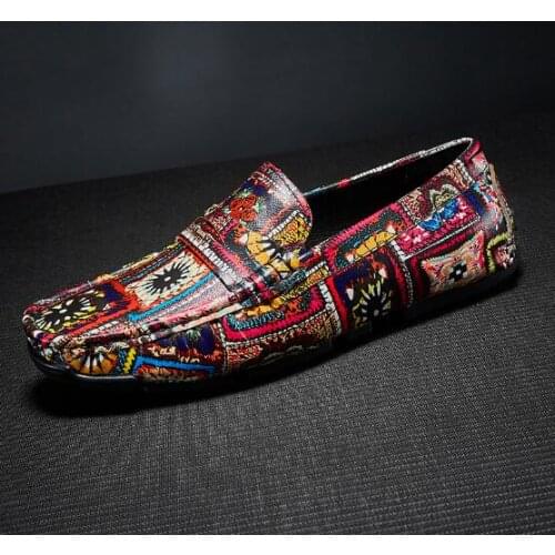 Print Genuine leather Mens Loafers Flat heel Outdoor Leisure Shoes Driving Boats