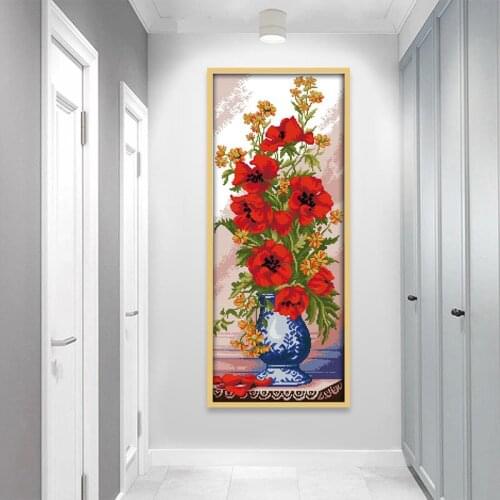 Poppies Cross Stitch Kit in Celadon Vase Beautiful Red Flowers and Vase 14ct Printed Fabric Chinese Embroidery Home Decoration