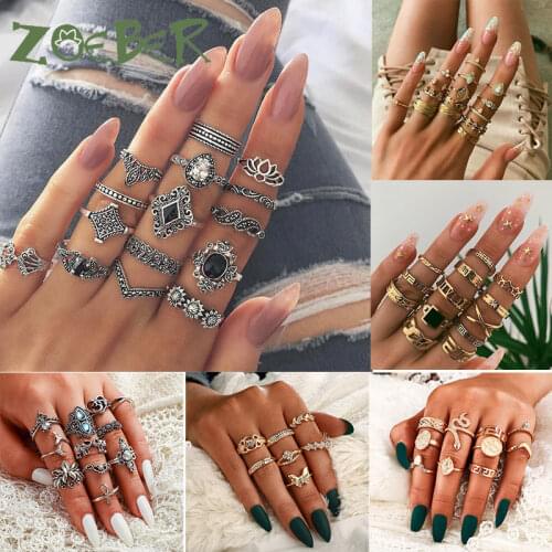 New Rings Set Bohemian Vintage Gold Crescent Geometric Joint Ring Set for Women Crystal Design Ring Set Party Jewelry