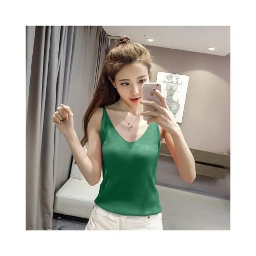 New Summer Sexy Womens Slim Tank Tops Knitted V-neck Shiny Vest Casual 12 Col Camis Ladies Fashion Tank Tops