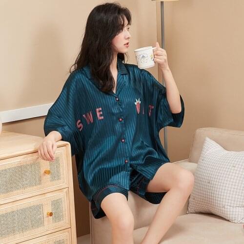 Womens Homedress Pajamas Sets Short Sleeve Shorts Ice Silk Nightgown Turn-down Collar Sleepwear Silk-like Fabric Home Clothing