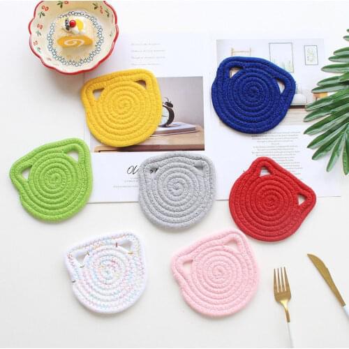 Cute Cat Ear Shape Coaster Handmade Cotton Rope Potholder Heat Resistant Cup Pad Non-slip Placemat Table Mat Kitchen Accessories