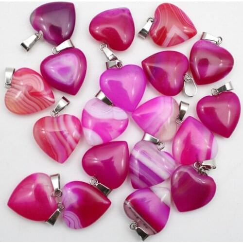 Wholesale 24pcs natural stone red purple stripe onyx agates mixed 20mm heart pendants for diy jewelry making necklace pendant
