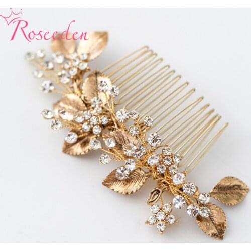 Handmade Rhinestone Flower wedding Hair Comb Bridal Hairpiece Gold Leaf Women Hair Ornaments Jewelry RE3826