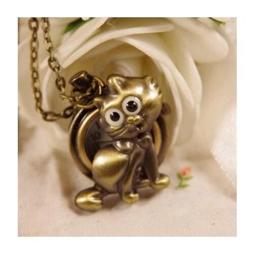 Happy cat Pocket Watch quartz 1csp/lot with chain of for mens womens ladies Antique Necklace vintage Bronze Pendant fashion fob