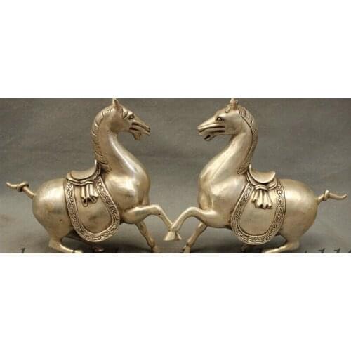 Decoration Tibet copper silver 9" Collect Chinese Royal White Copper Silver Steed Tangma War Horse Statue Pair