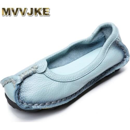 MVVJKE Handmade Genuine Leather Women Shoes Retro Solid Slip On Flats Shoes