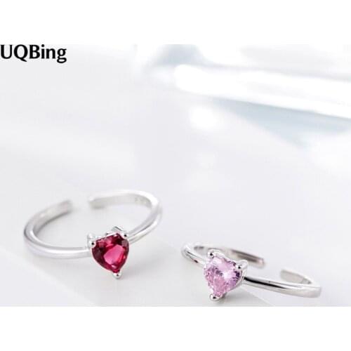 Red Rhinestone Heart Rings 925 Sterling Silver Open Ring Jewelry Christmas Gift Women Jewelry Finger Rings
