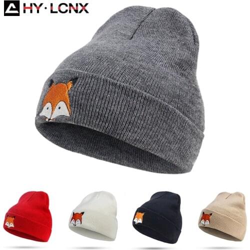 2021 Unisex Winter Beanies Skullies For Men Women Cartoon Fox Embroidery Womens Knitted Hat Bonnet Cap Skiing Warm Mens Hats
