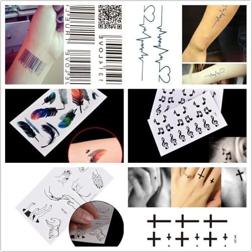 1pc Tattoo Sticker Body Art Tattoo Water Transfer Feather Music Note Cross Barcode Temporary Waterproof Tattoo Sticker
