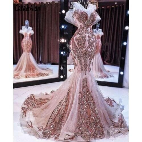 New rose gold mermaid evening dresses long sparkly sequin appliqué beaded fishtail prom gown robe de soiree