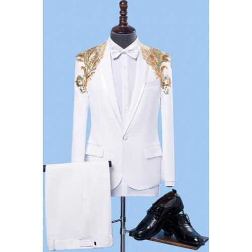 White mariage embroidery wedding suits for men sequins blazer boys prom suits fashion slim masculino latest coat pant designs
