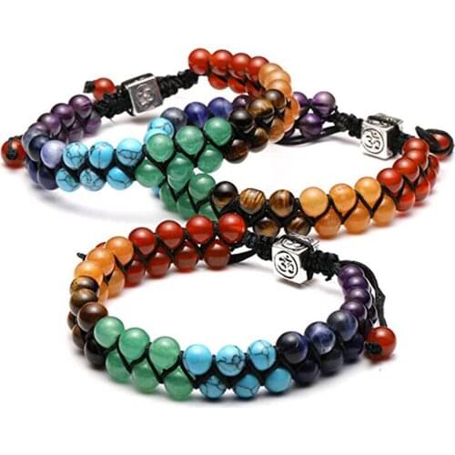 Feng Shui 7 Chakra Bracelet Healing Crystal Stone Double Layers Beads Bangle Reiki Yoga Meditation for Men Women W4367