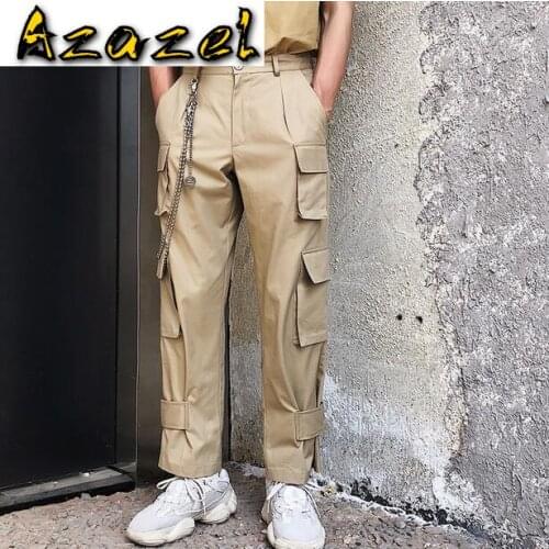 HOT Spring and summer new Men cotton tooling wide-leg pants male Korean trend Fashion casual straight multi-pocket trousers