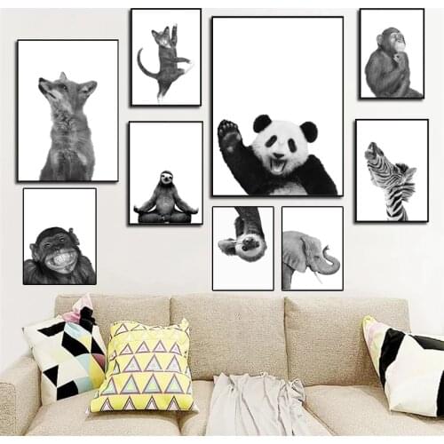 Black and White Wall Art Canvas Painting Sloth Animals Poster Set Polar Bear Monkey Fox Prints Wall Pictures Kids Room Decor