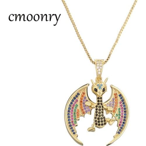 Cmoonry New Fashion Colourful Cubic Zircon Hip Hop Jewelry Trendy Flying Dragon Pendant Necklace For Men Women Party Accessories