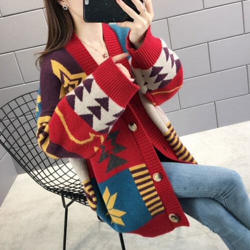 Red Women Knit Cardigans 2020 Spring Autumn Casual V-neck Single Breasted Geometric Print Christmas Cardigan Sweater Outerwear