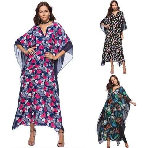 Hot kf-Elegant Ethnic Print Long Dress Bat Sleeve Oversize Dressing Gowns Holiday Casual Beach Dress