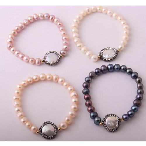 Fashion Freshwater Pearl Strand Bracelet With Crystal Pearl Charm Bracelet