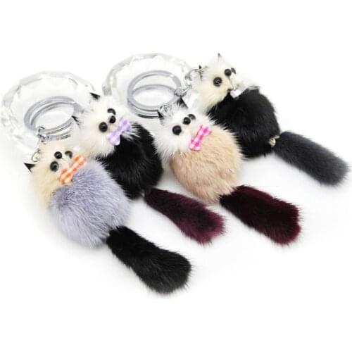 Fashion Cute Fluffy Pompom Raccoon Keychain Genuine Mink Fur Pom Pom Fox Bear Key Chain Ring Woman Bag Charms Man Trinket Gift