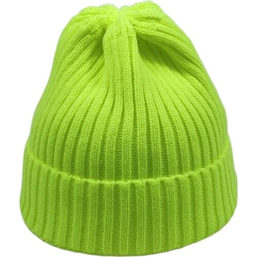Men Winter Knit Snow Hats Women Beanie Warm Skullies Stretchy Cotton Acrylic Yarns Neon Yellow White Hot Pink