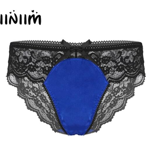 Mens Erotic Sexy Satin Patchwork Underwear Sissy Nightwear See-through Floral Lace Lingerie Underpants Low Waist Briefs Panties