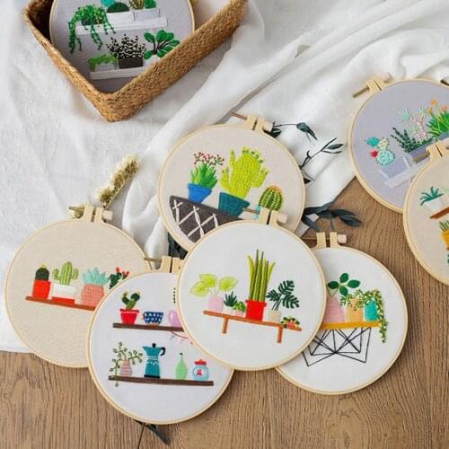 DIY Plant Cactus Embroidery Kit with Hoop For Beginner Needlework Cross stitch Sewing Art Handmade Craft Home Decor